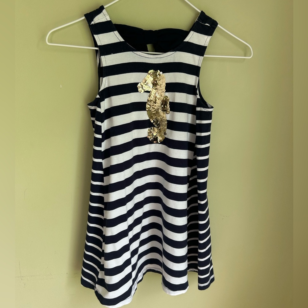 Tommy Bahama striped nautical dress. Sparkle seahorse on front /bow detail back